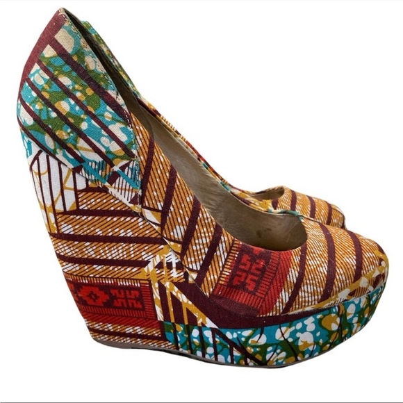 Aldo Wedge Forwood African Print Platform Heel Shoes 38 7.5 7 1/2 - Picture 1 of 9